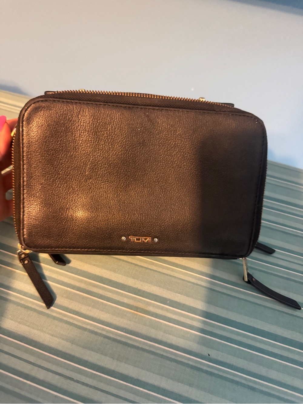 Tumi Black Leather Double-Zip Toiletry Pouch